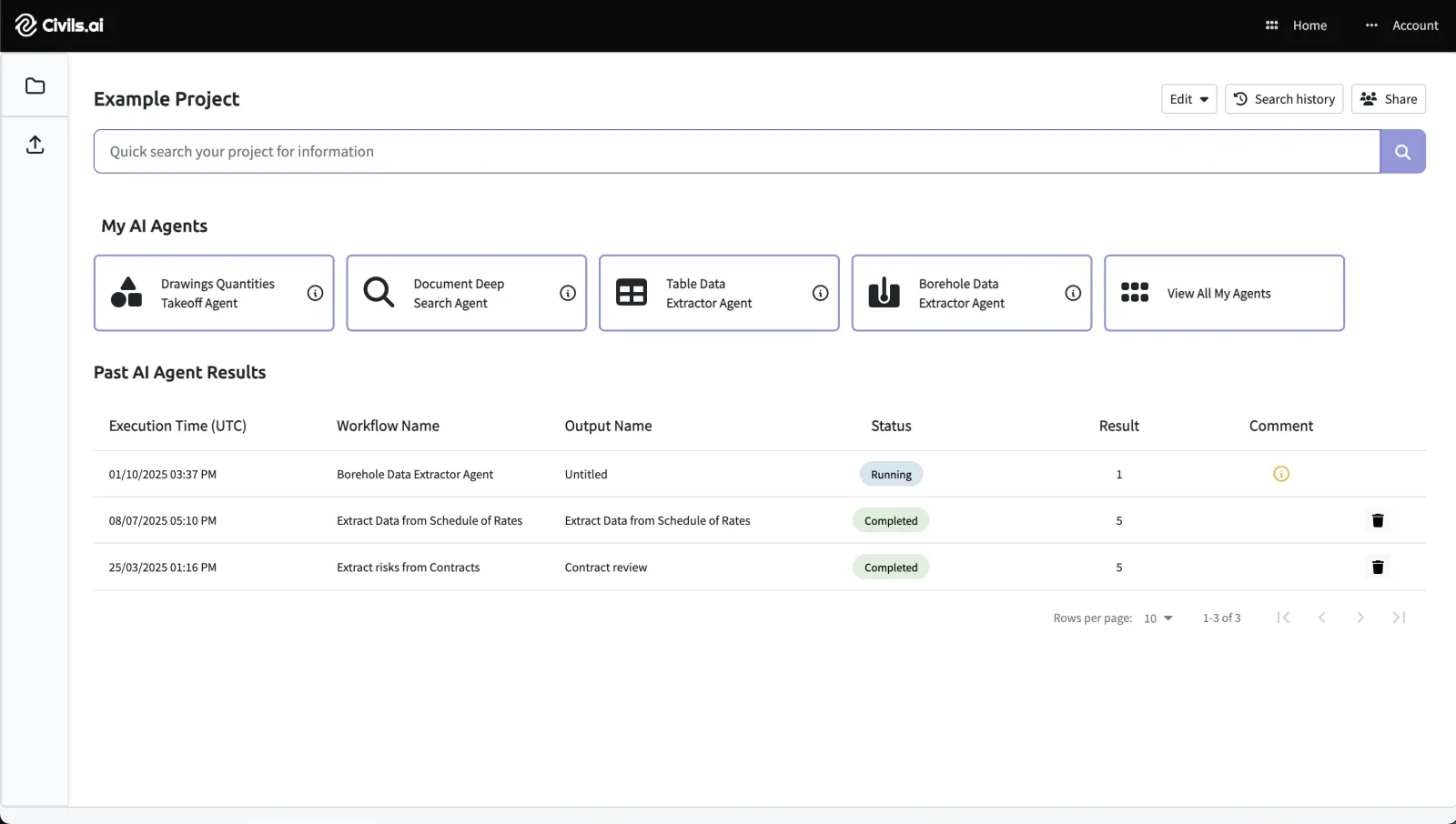 The Civils.ai project dashboard with its upload control